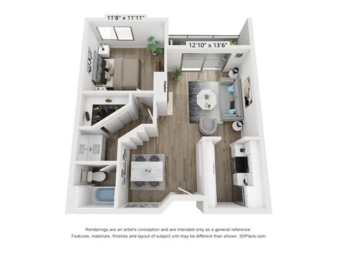 Floor plan for 1 bed, 1 bath, 665 sqft